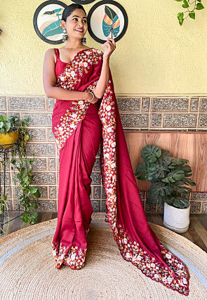 Embroidered Border Art Silk Scalloped Saree in Maroon