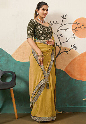 Embroidered Border Art Silk Scalloped Saree in Mustard