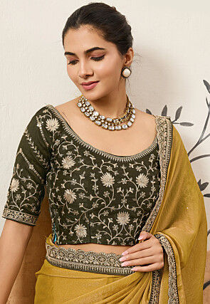 Embroidered Border Art Silk Scalloped Saree in Mustard