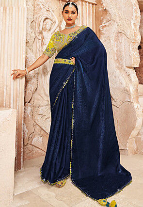Embroidered Border Art Silk Scalloped Saree in Navy Blue