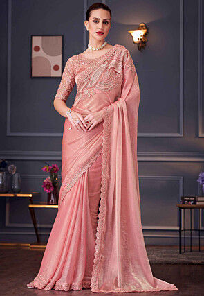 Embroidered Border Art Silk Scalloped Saree in Peach