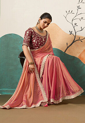 Embroidered Border Art Silk Scalloped Saree in Peach