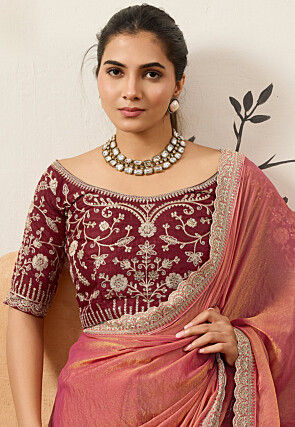 Embroidered Border Art Silk Scalloped Saree in Peach