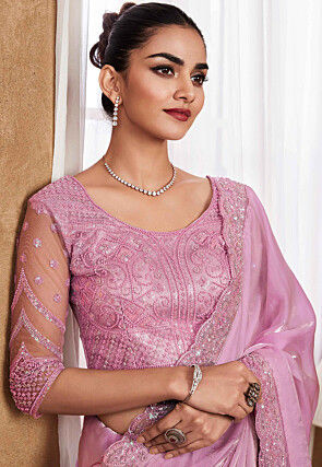 Embroidered Border Art Silk Scalloped Saree in Pink