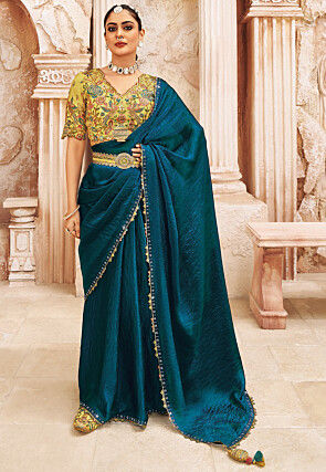 Embroidered Border Art Silk Scalloped Saree in Teal Blue