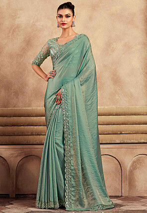 Embroidered Border Art Silk Scalloped Saree in Teal Green
