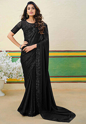 Embroidered Border Art Silk Shimmer Saree in Black
