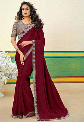 Embroidered Border Art Silk Shimmer Saree in Maroon