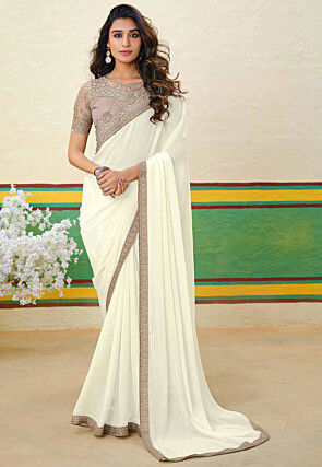 Embroidered Border Art Silk Shimmer Saree in Off WHite
