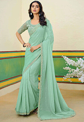 Embroidered Border Art Silk Shimmer Saree in Pastel Green