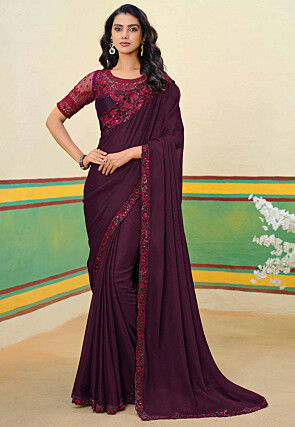 Embroidered Border Art Silk Shimmer Saree in Wine