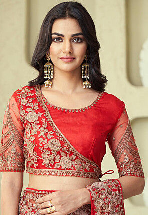 Embroidered Border Chiffon Brasso Saree in Red