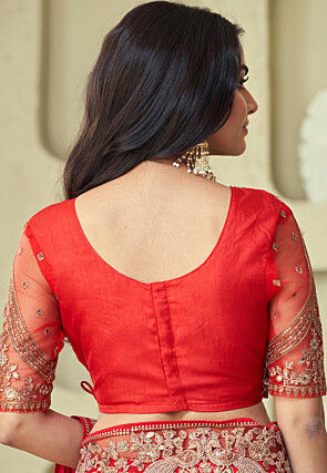 Embroidered Border Chiffon Brasso Saree in Red