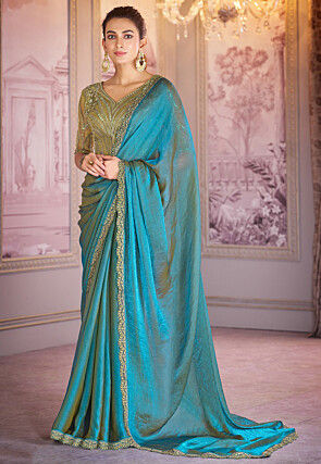 Embroidered Border Chiffon Organza Saree in Blue and Green