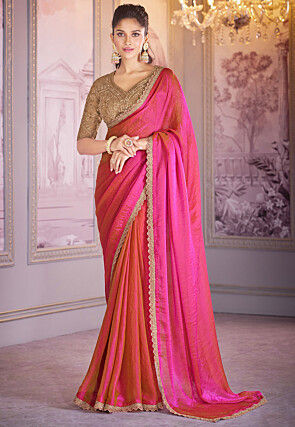 Embroidered Border Chiffon Organza Saree in Multicolor