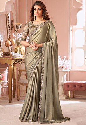 Embroidered Border Chiffon Saree in Beige