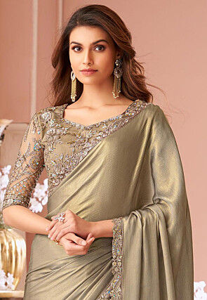 Embroidered Border Chiffon Saree in Beige