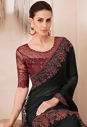 Embroidered Border Chiffon Saree in Black