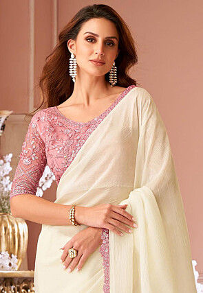 Embroidered Border Chiffon Saree in Cream