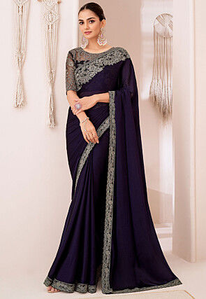 Embroidered Border Chiffon Saree in Dark Purple