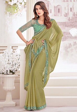 Embroidered Border Chiffon Saree in Green