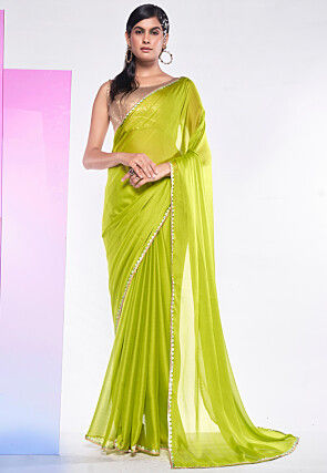 Embroidered Border Chiffon Saree in Light Green