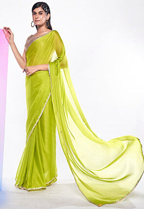 Embroidered Border Chiffon Saree in Light Green
