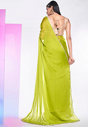 Embroidered Border Chiffon Saree in Light Green