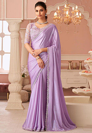 Embroidered Border Chiffon Saree in Light Purple