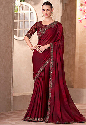 Embroidered Border Chiffon Saree in Maroon