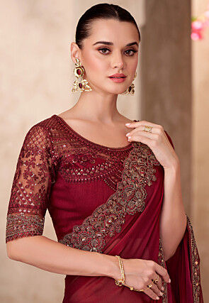 Embroidered Border Chiffon Saree in Maroon