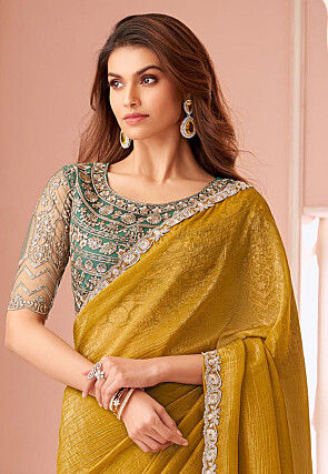 Embroidered Border Chiffon Saree in Mustard