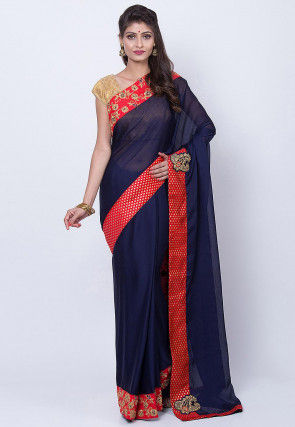 Embroidered Border Chiffon Saree in Navy Blue