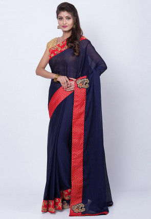 Embroidered Border Chiffon Saree in Navy Blue