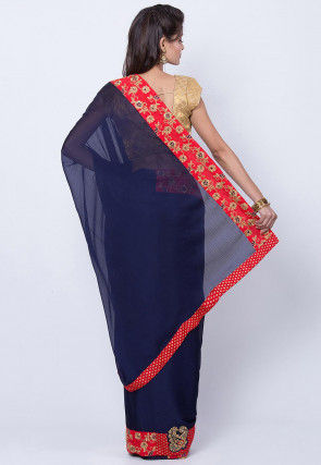 Embroidered Border Chiffon Saree in Navy Blue