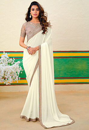 Embroidered Border Chiffon Saree in Off White