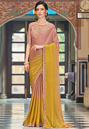 Embroidered Border Chiffon Saree in Old Rose and Mustard