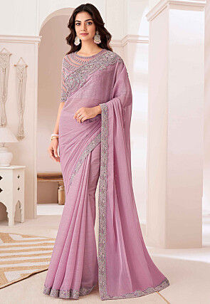 Embroidered Border Chiffon Saree in Pink