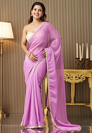 Embroidered Border Chiffon Saree in Purple