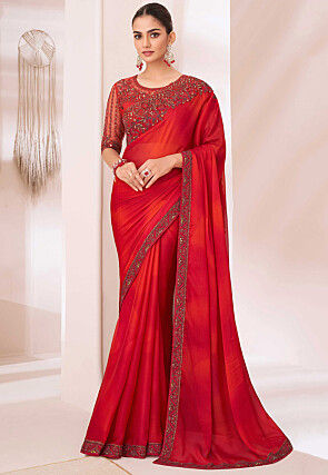 Embroidered Border Chiffon Saree in Red