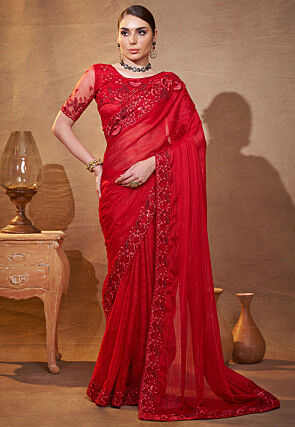 Embroidered Border Chiffon Saree in Red