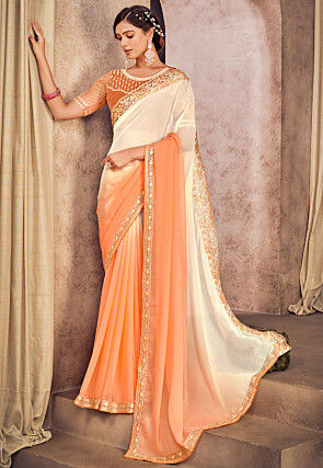 embroidered border chiffon saree in shaded orange and off white v1 syc12471