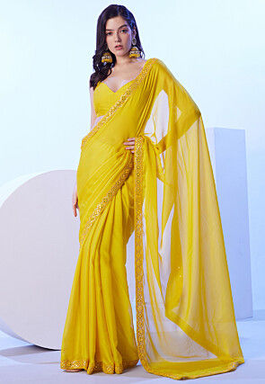 Embroidered Border Chiffon Saree in Yellow