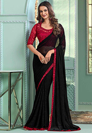 Embroidered Border Chiffon Scalloped Saree in Black