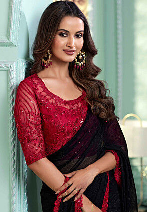 Embroidered Border Chiffon Scalloped Saree in Black