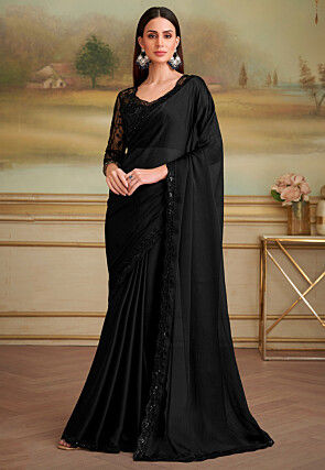 Embroidered Border Chiffon Scalloped Saree in Black