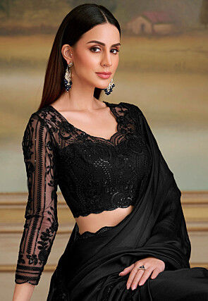 Embroidered Border Chiffon Scalloped Saree in Black