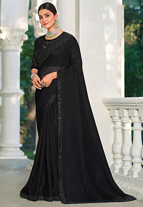 Embroidered Border Chiffon Scalloped Saree in Black