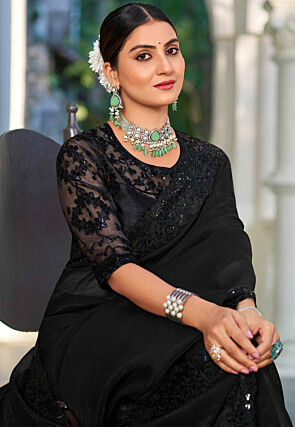 Embroidered Border Chiffon Scalloped Saree in Black