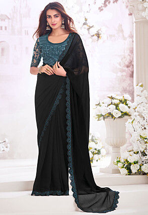 Embroidered Border Chiffon Scalloped Saree in Black